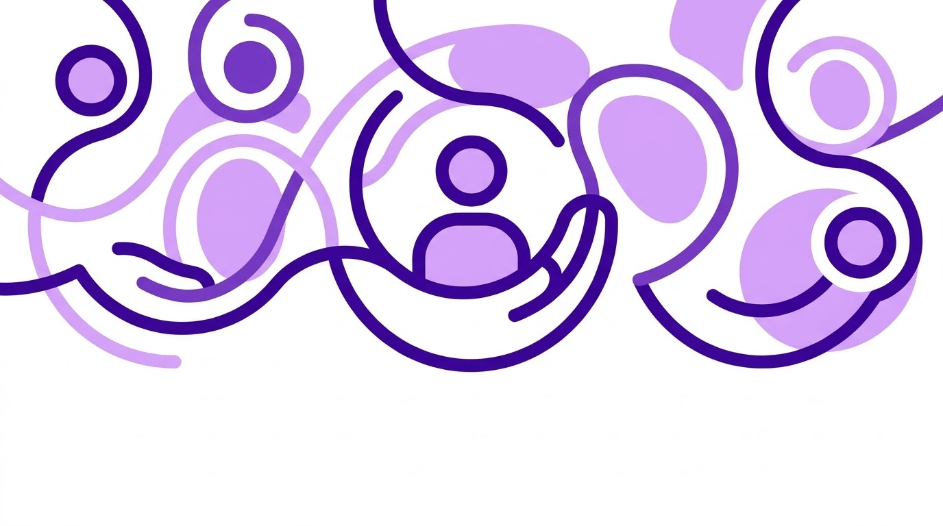 A minimalist, high-contrast website header graphic with a clean, modern vector art style. On a crisp white background, stylized, elegant intersecting curved paths in deep royal purple and soft lilac blend and connect together. The abstract design symbolizes different support networks, care organizations, and local systems coming together in harmony to support an individual's care journey. The image is text-free.